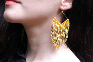 Yellow V Fringe Beaded Earrings