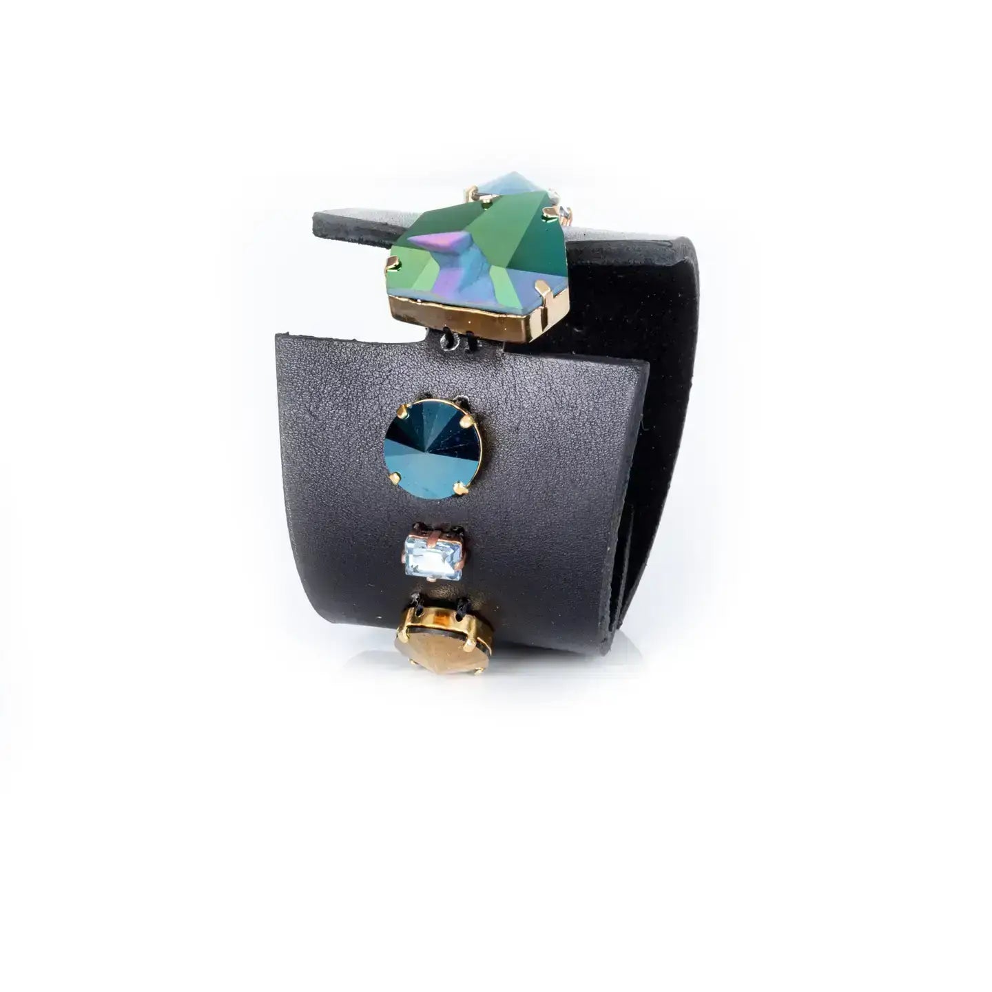 Midnight Steel Crystal Leather Cuff