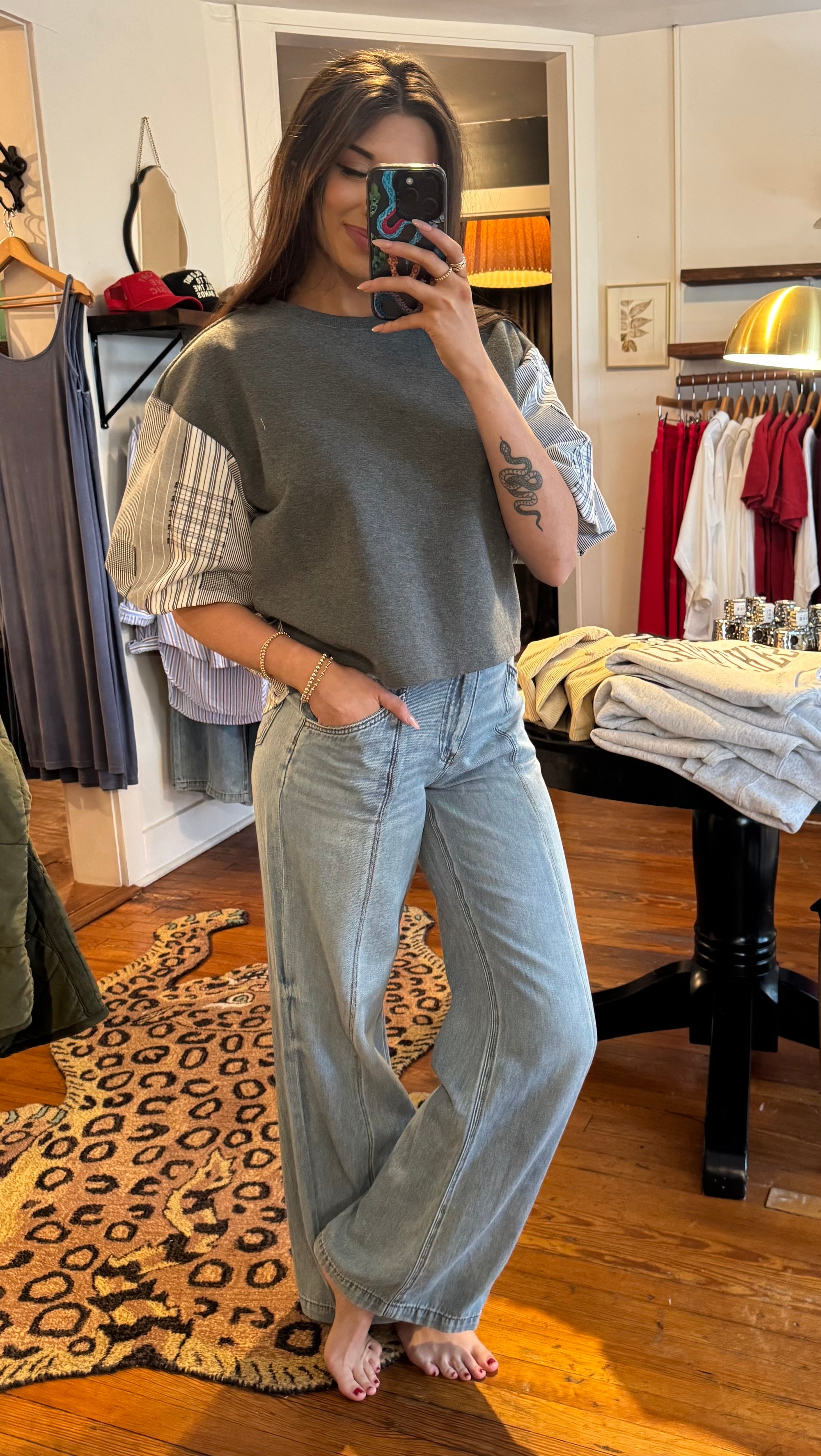 Grey Plaid Mixed Media Top