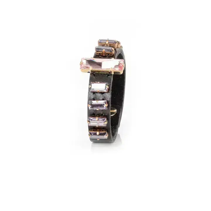 Handcrafted Black Leather Cuff with Blush Baguette Crystals