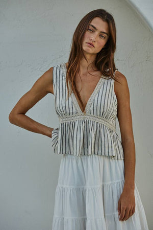 Woven Linen Striped V-Neck Top