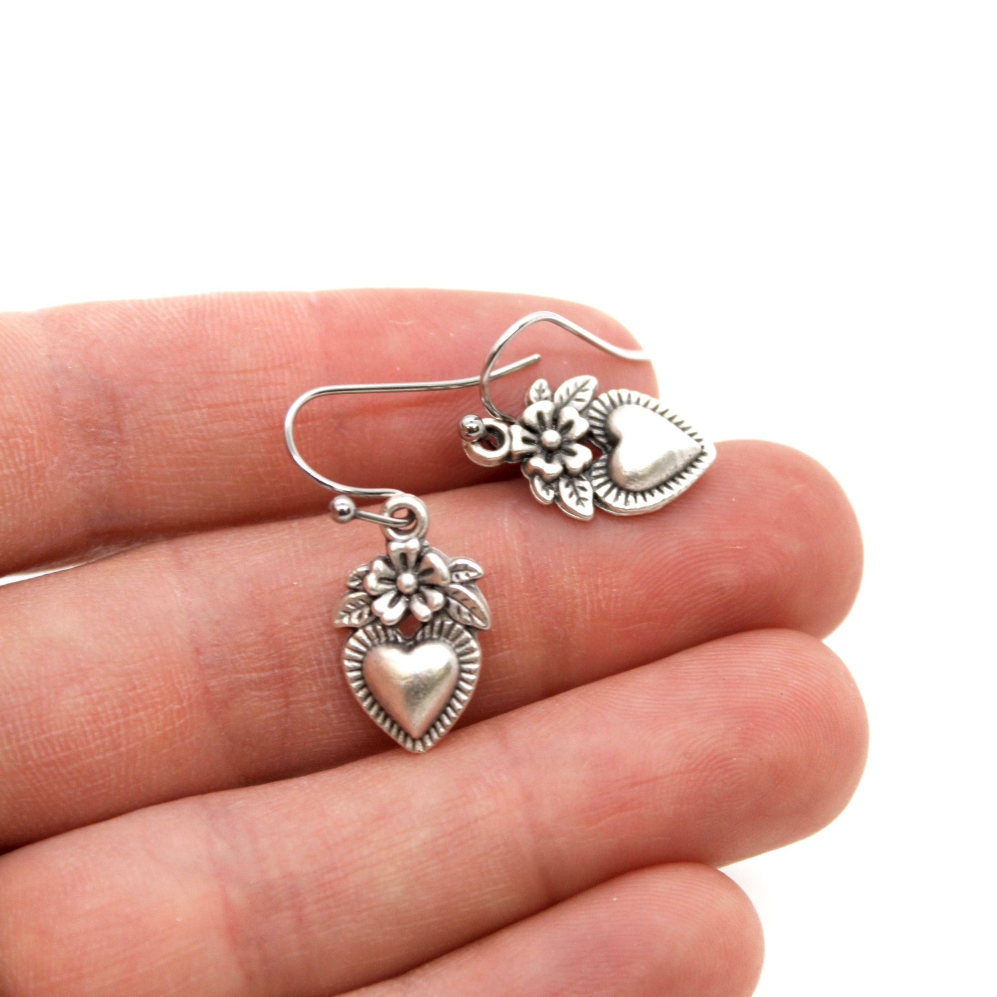 Mini Silver Heart Flower Charm Earrings