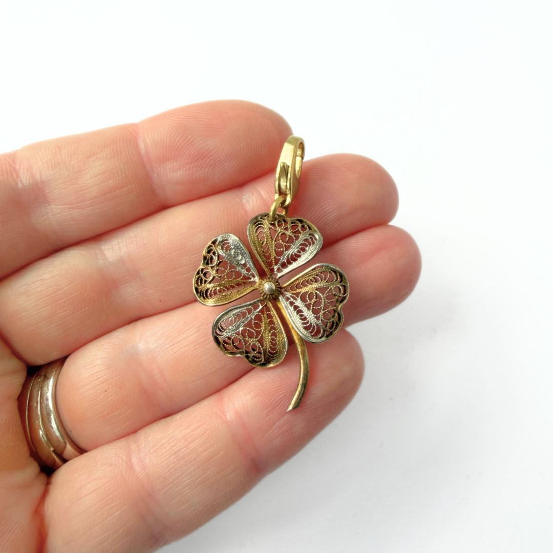 Vintage Intricate Spun-Silver Four-Leaf Clover Charm