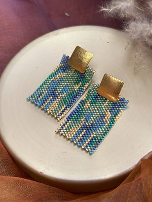 Emerald Beaded Watercolor Rectangle Earrings