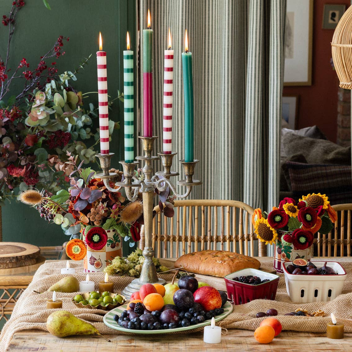 Burgundy &amp; White Stripe Dinner Candles