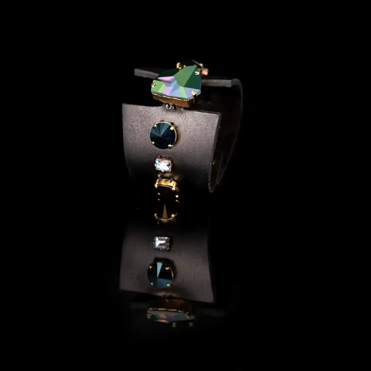 Midnight Steel Crystal Leather Cuff