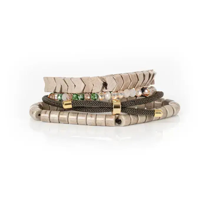 Pavé Lock Multi-Layer Beaded Bracelet Stack Sand &amp; Olive