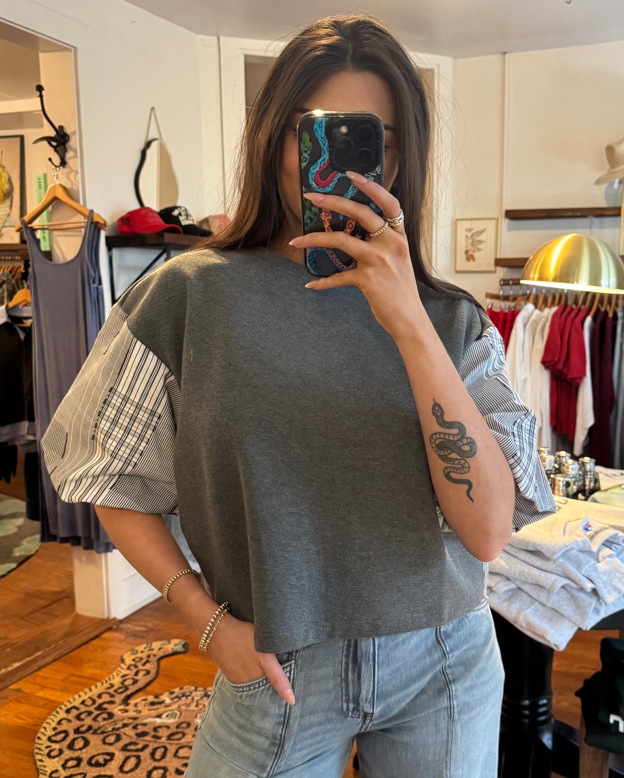 Grey Plaid Mixed Media Top