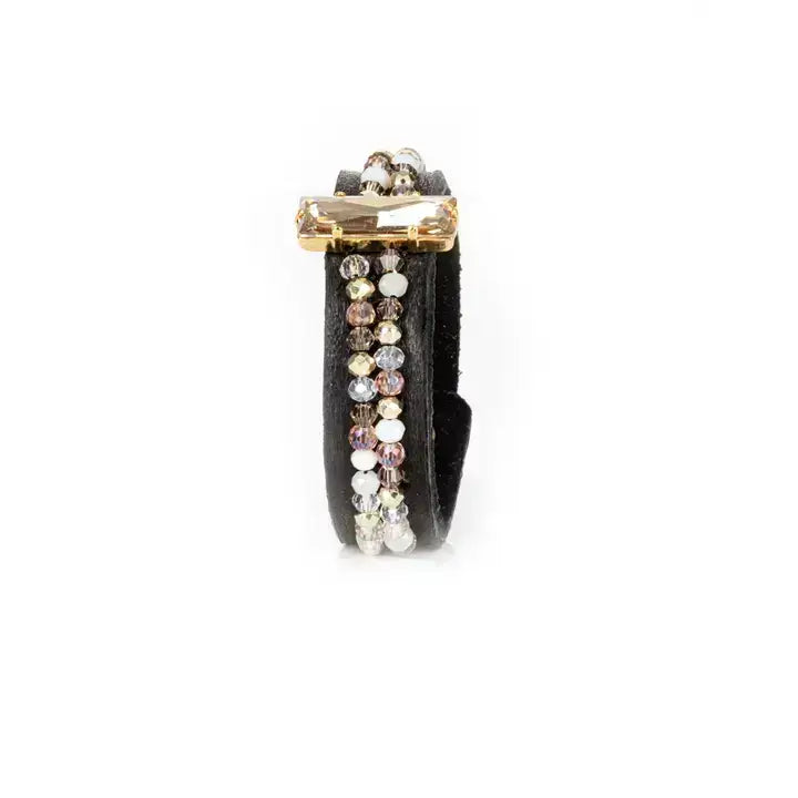 Black Leather Cuff with Champagne Crystal Bar