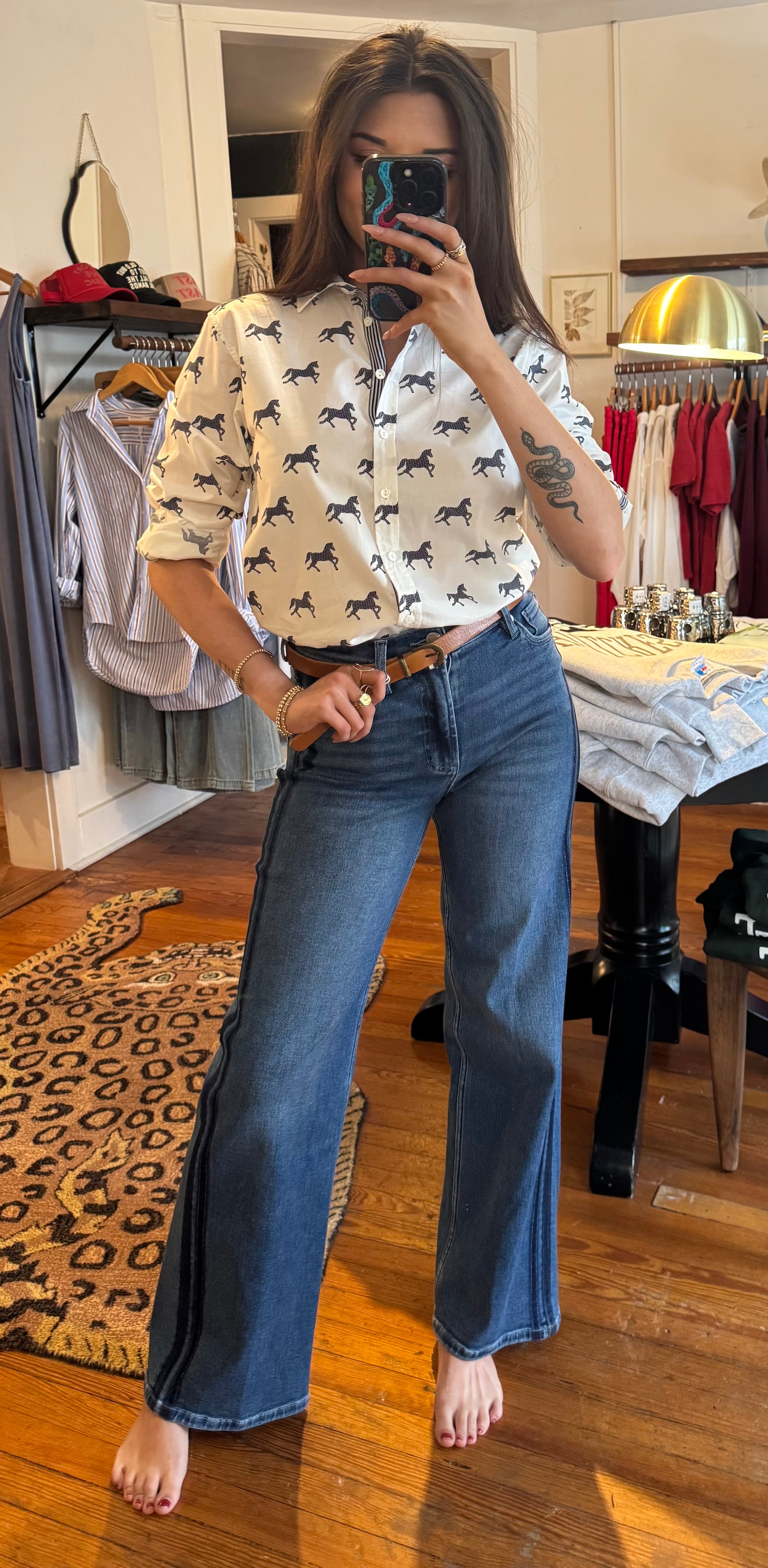 White &amp; Navy Pony Elodie Shirt