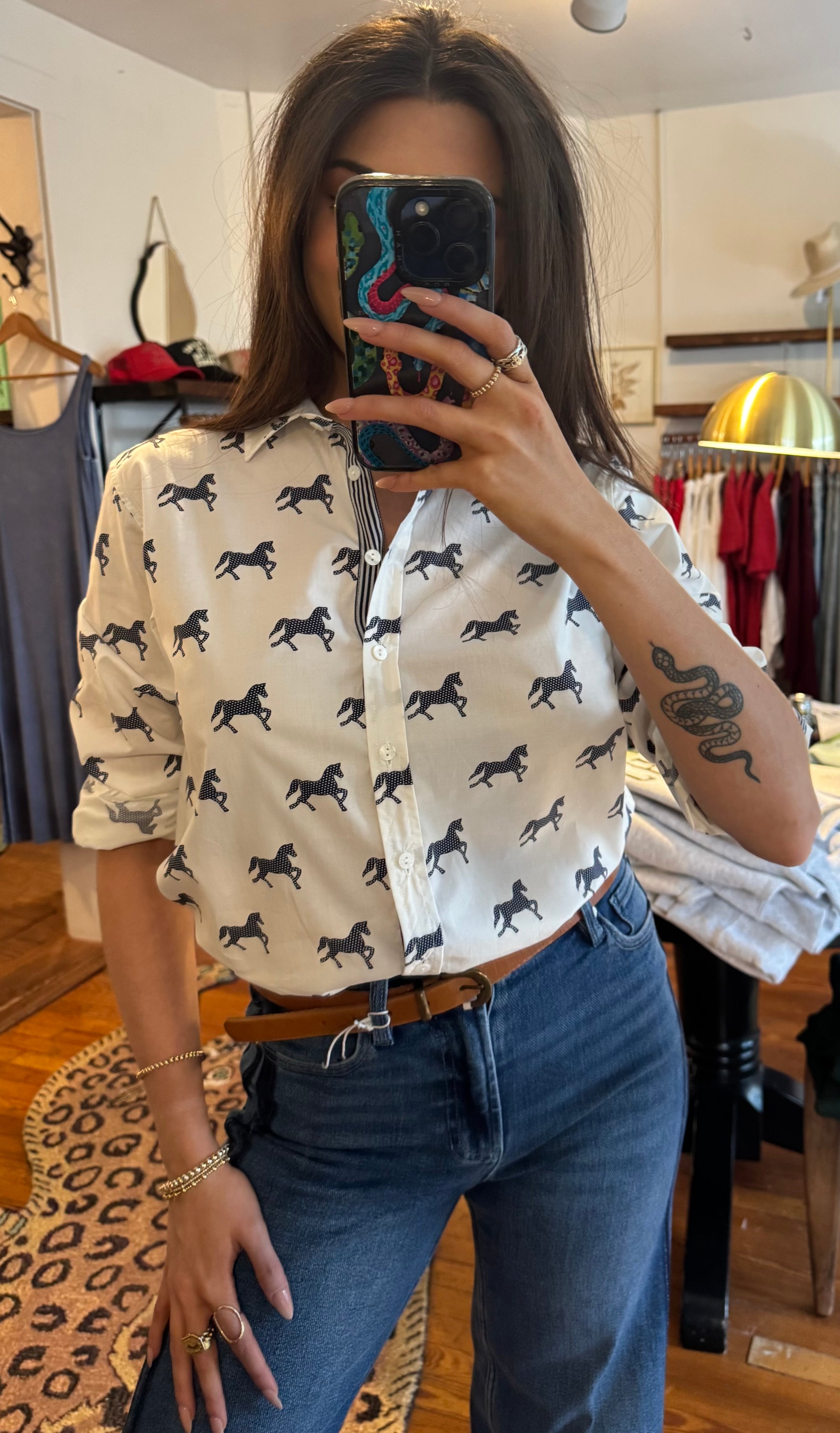White &amp; Navy Pony Elodie Shirt