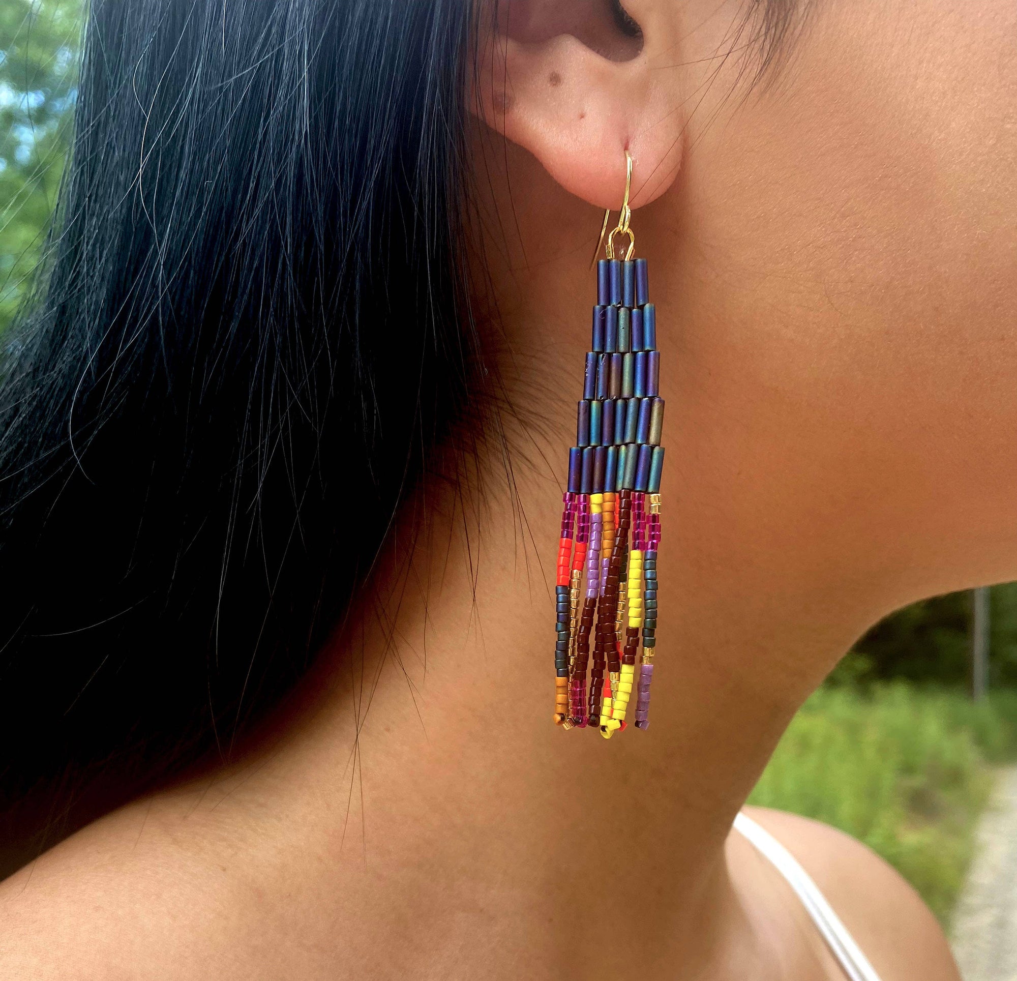 Beaded Handwoven Abstract Fringe Earrings - Emerald