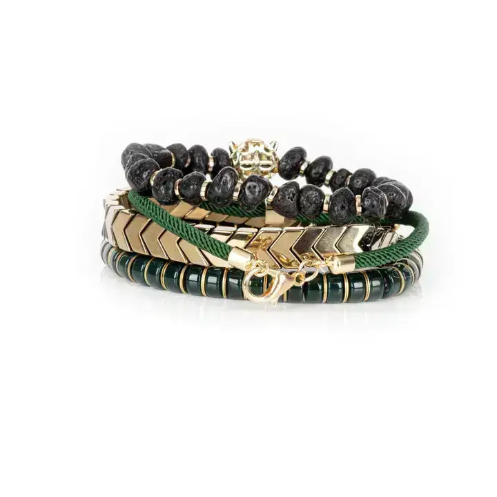 Emerald Panther Stack Gold &amp; Lava Stone Bracelet Set
