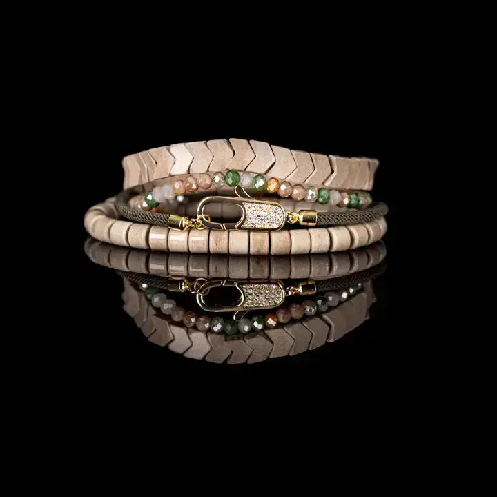 Pavé Lock Multi-Layer Beaded Bracelet Stack Sand &amp; Olive