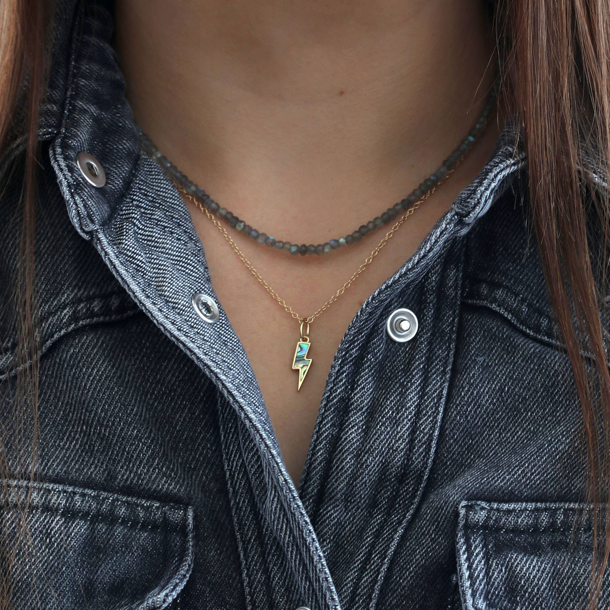 Abalone Lightning Bolt Charm Necklace - Box Turtle