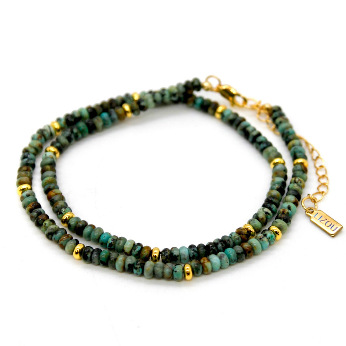 African Turquoise + Gold Necklace - Box Turtle
