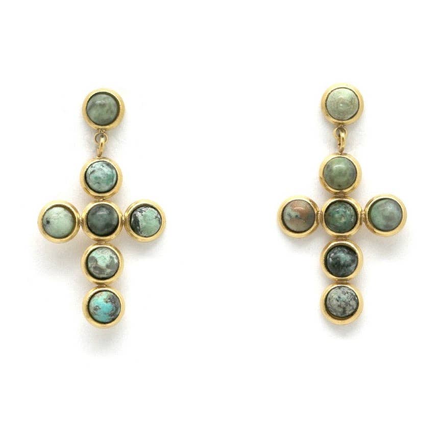 African Turquoise Stone & Gold Cross Earrings - Box Turtle