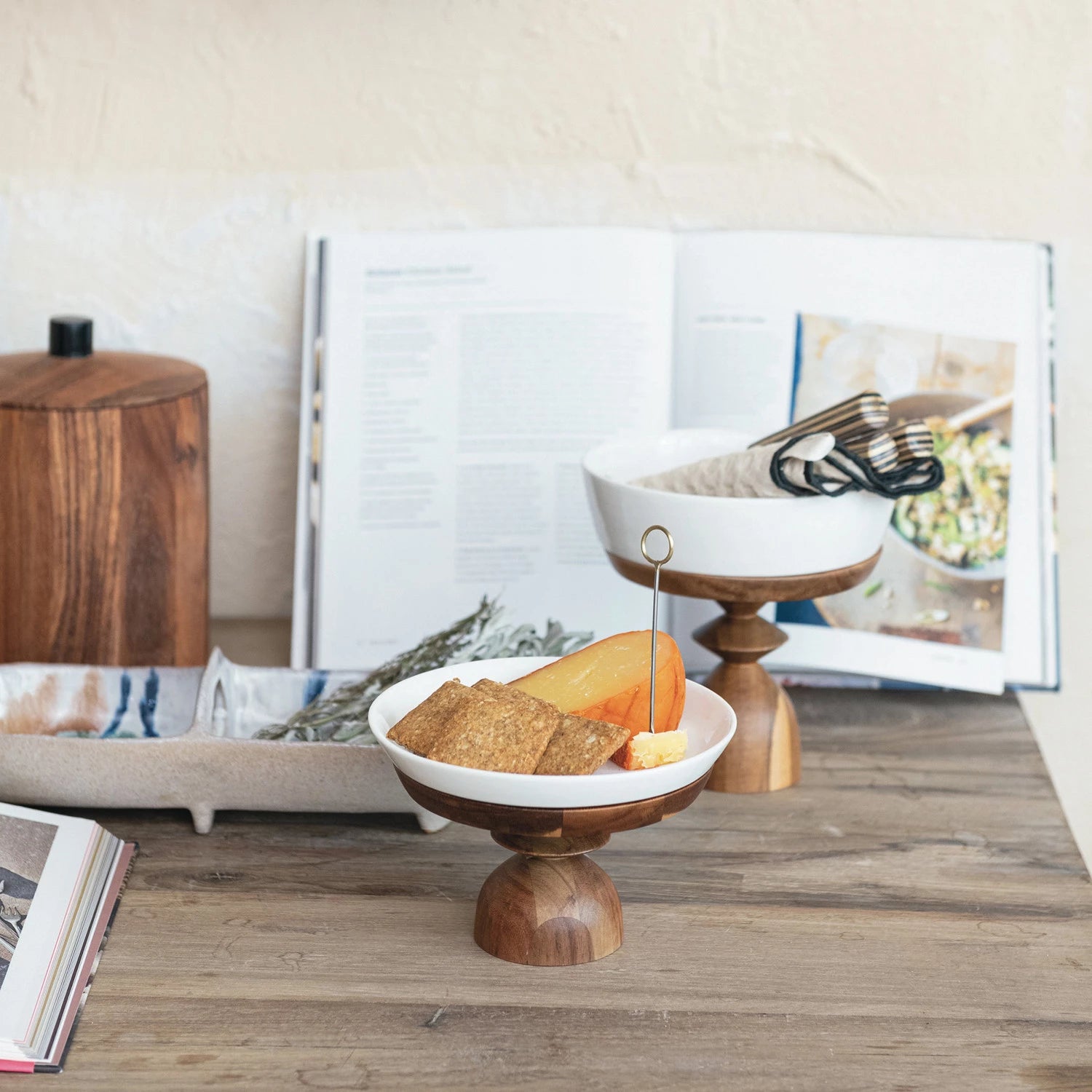 White Bowl with Wood Base