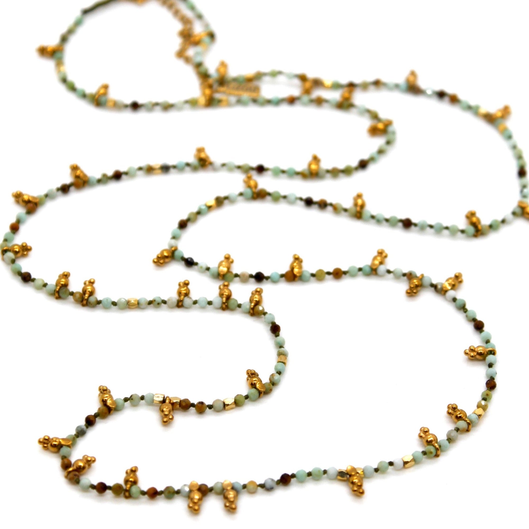 Amazonite &amp; Mini Gold Specks Long Necklace - Box Turtle