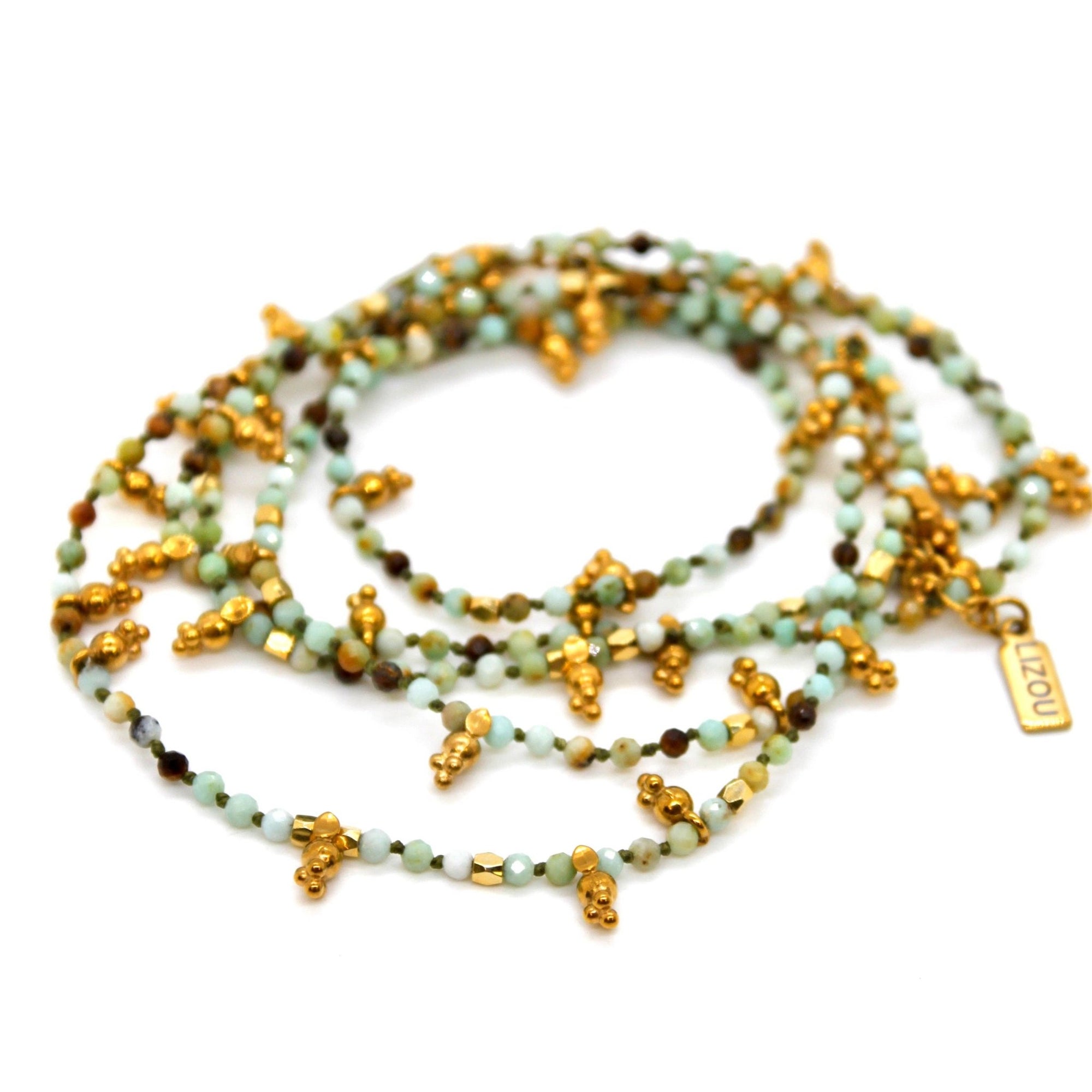 Amazonite &amp; Mini Gold Specks Long Necklace - Box Turtle