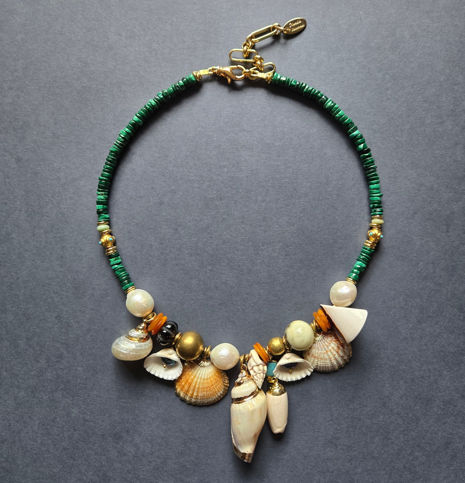 Ancient Amber & Malachite Shell Necklace - Box Turtle