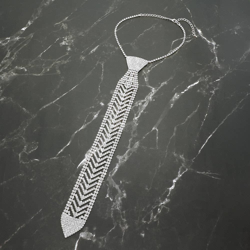 Rhinestone Studded Chevron Neck Tie Necklace