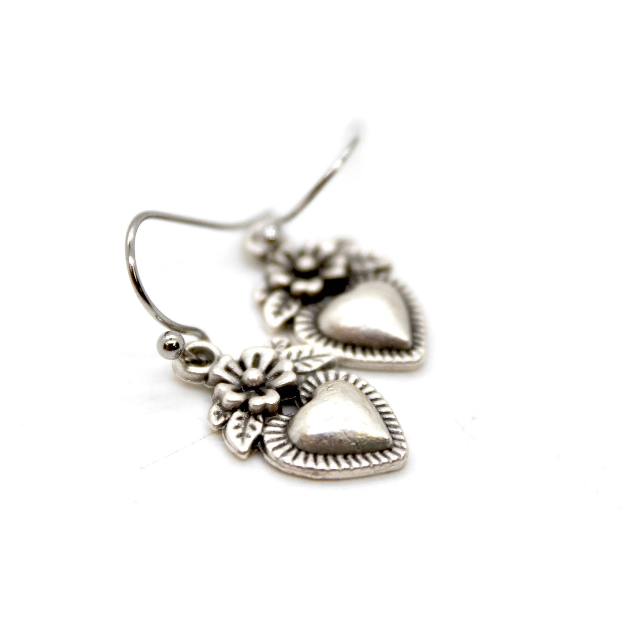 Mini Silver Heart Flower Charm Earrings
