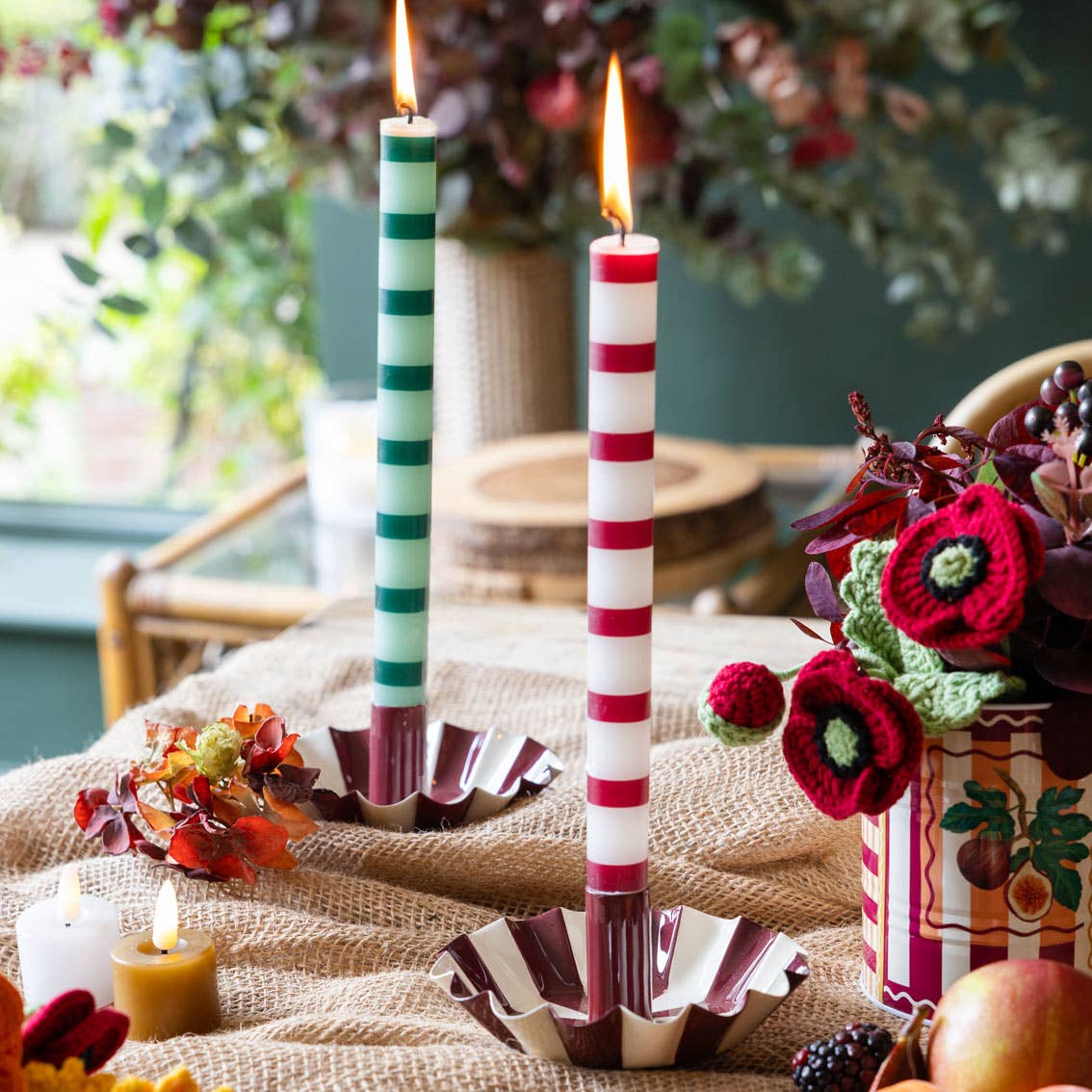 Burgundy &amp; White Stripe Dinner Candles