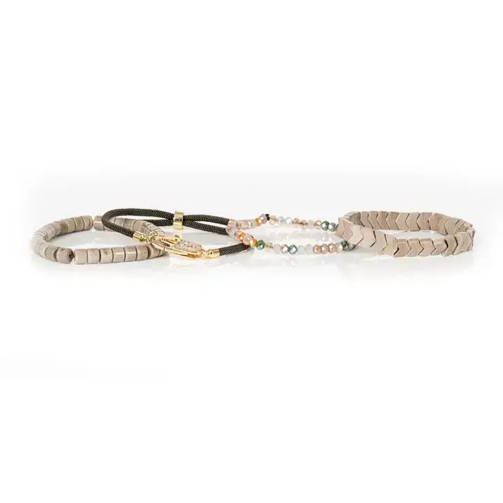 Pavé Lock Multi-Layer Beaded Bracelet Stack Sand &amp; Olive