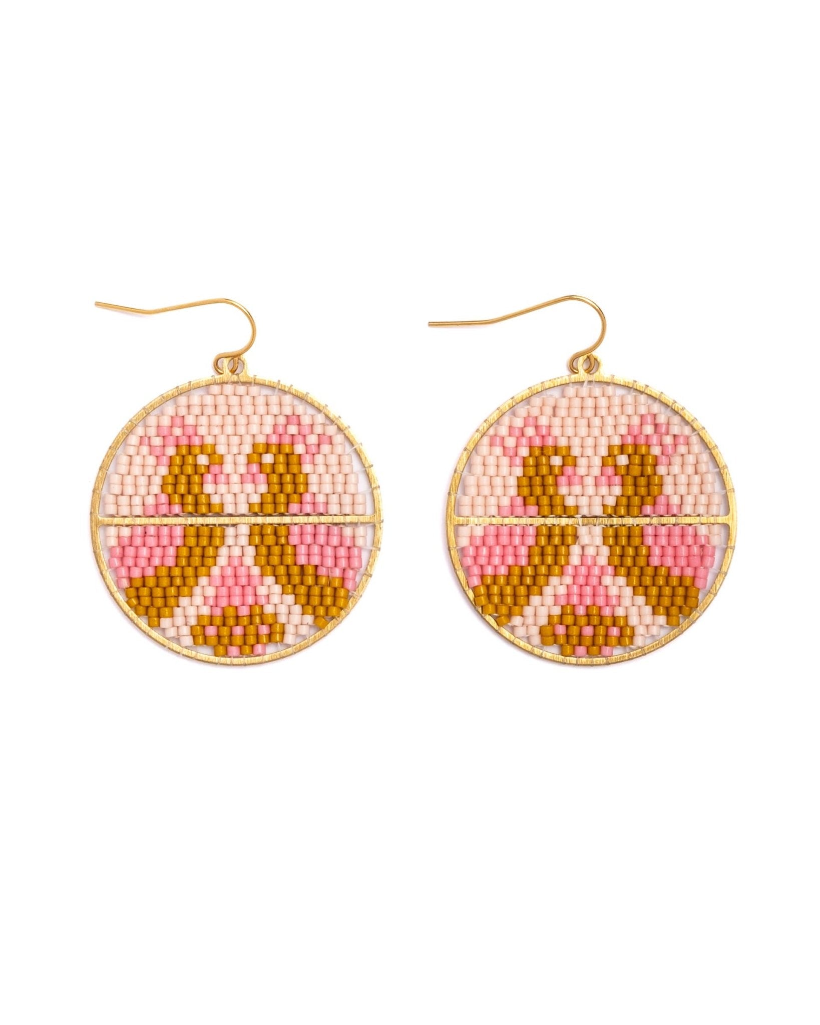 Beaded Handwoven Twin Bird Earrings - Pink & Mustard - Box Turtle