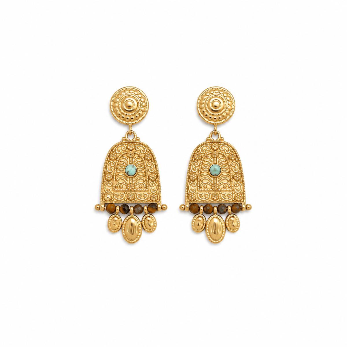 Bell Shaped African Turquoise and Tiger's Eye Earrings - Box Turtle