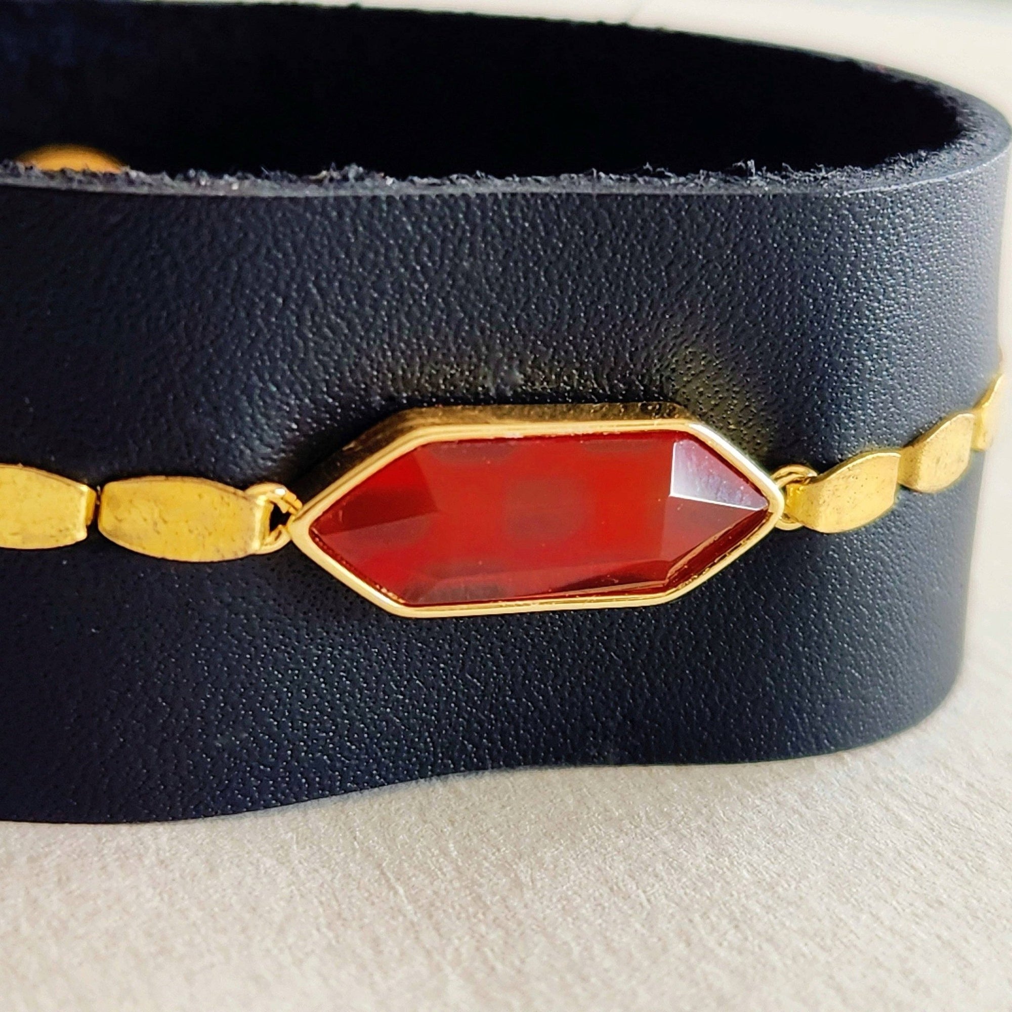 Black Carnelian Leather Cuff Bracelet - Box Turtle