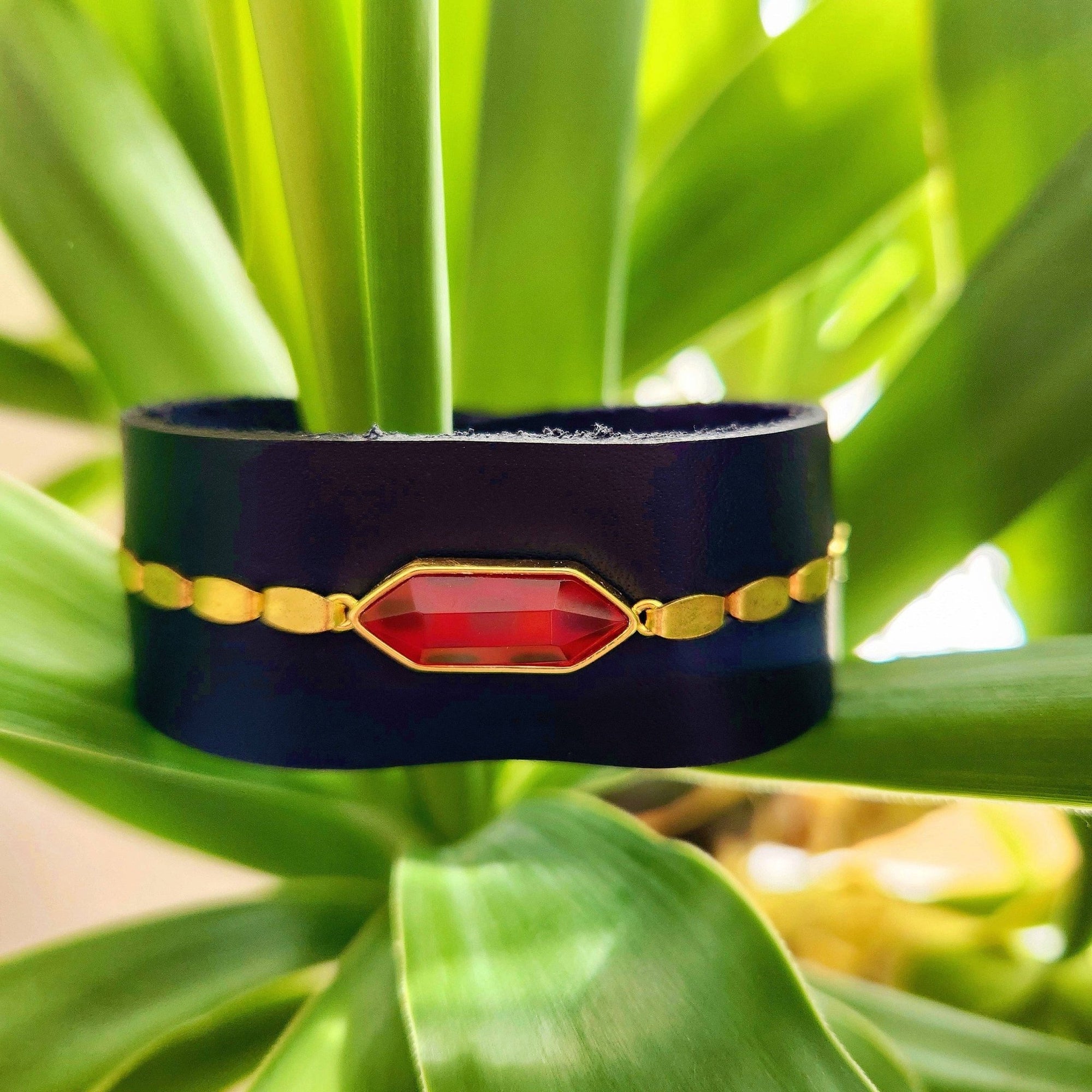 Black Carnelian Leather Cuff Bracelet - Box Turtle