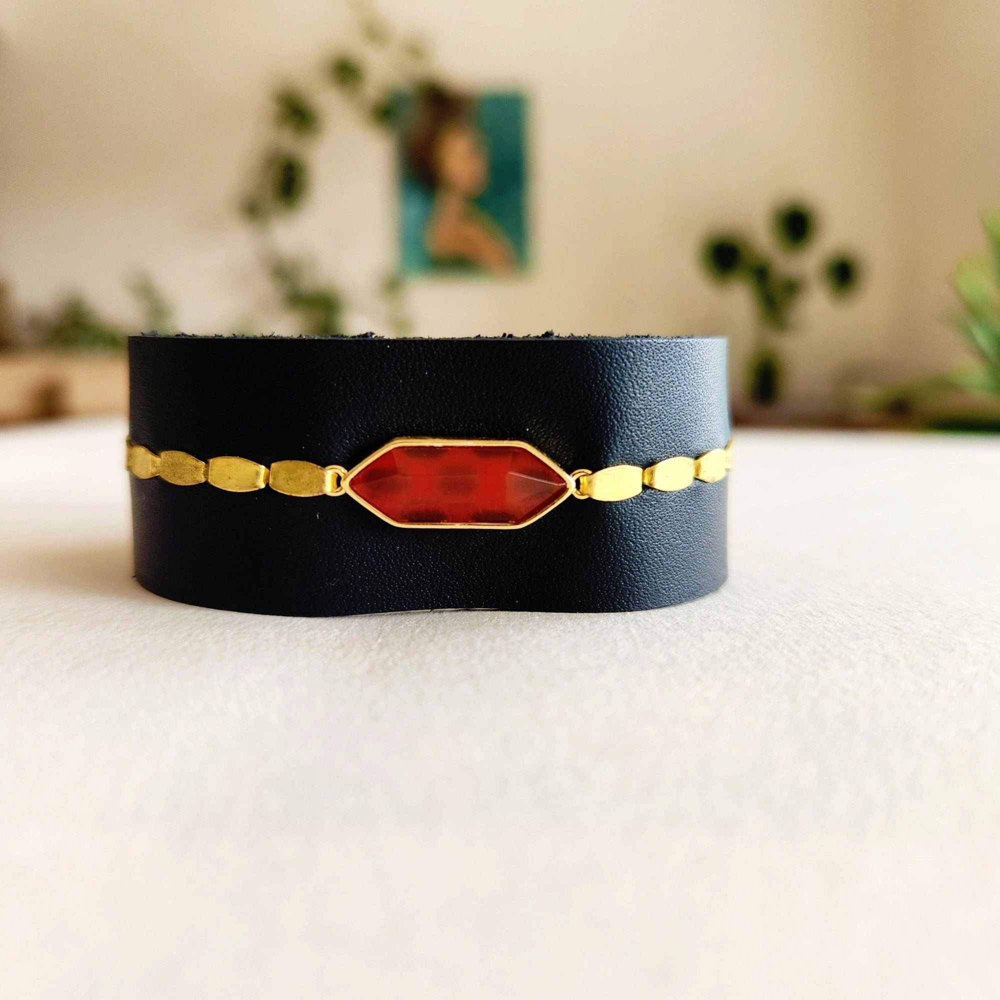 Black Carnelian Leather Cuff Bracelet - Box Turtle