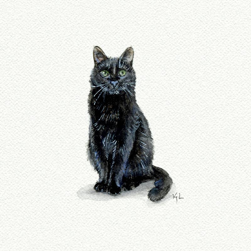 Black Cat Miniature Watercolor Print - Box Turtle