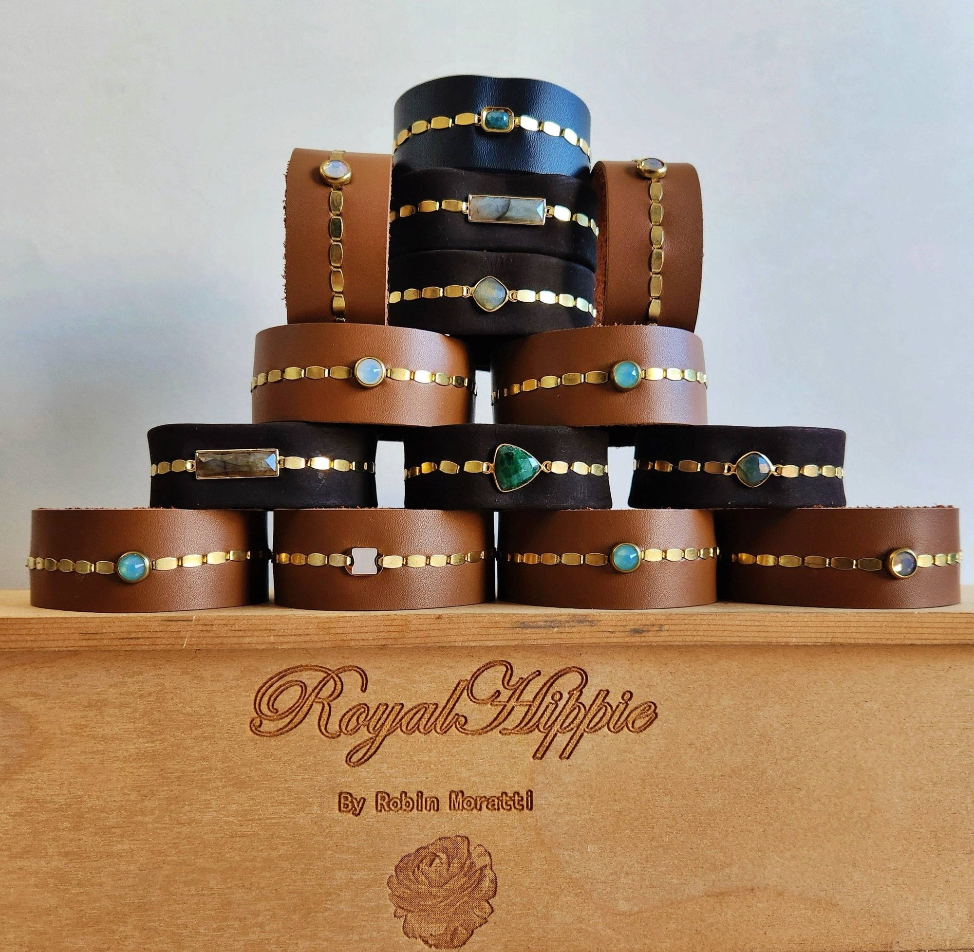 Black Jasper Leather Cuff Bracelet - Box Turtle