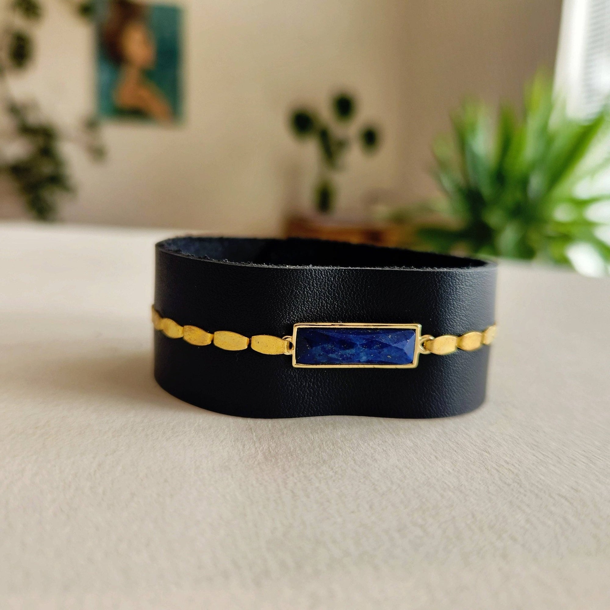 Black Lapis Leather Cuff Bracelet - Box Turtle