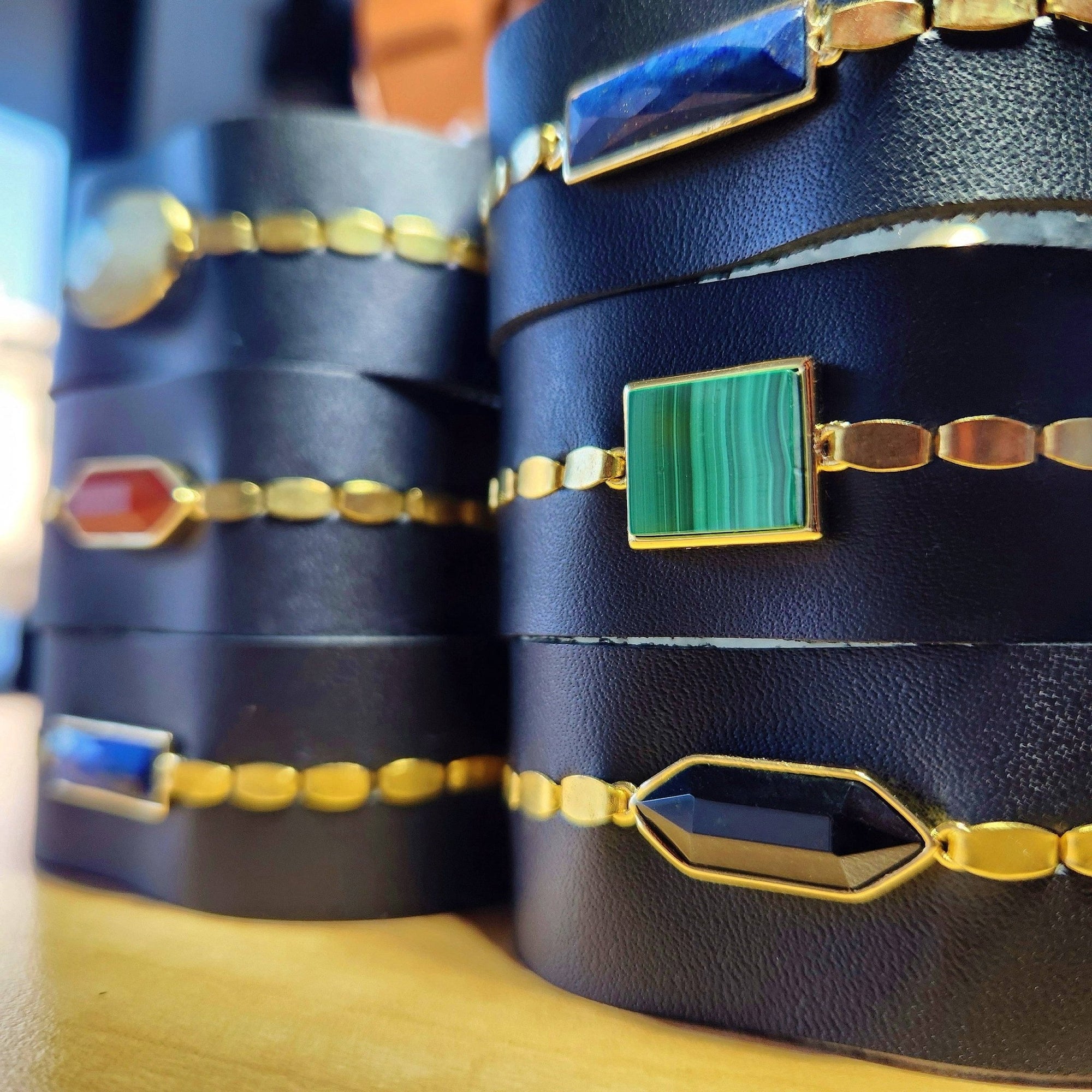 Black Lapis Leather Cuff Bracelet - Box Turtle