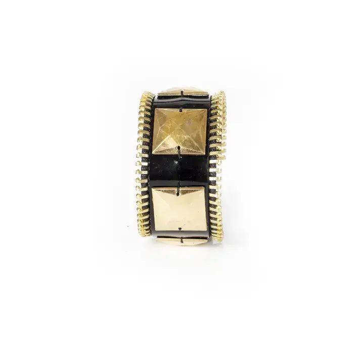 Black Leather Cuff Bracelet with Gold Pyramid Studs & Zipper - Box Turtle