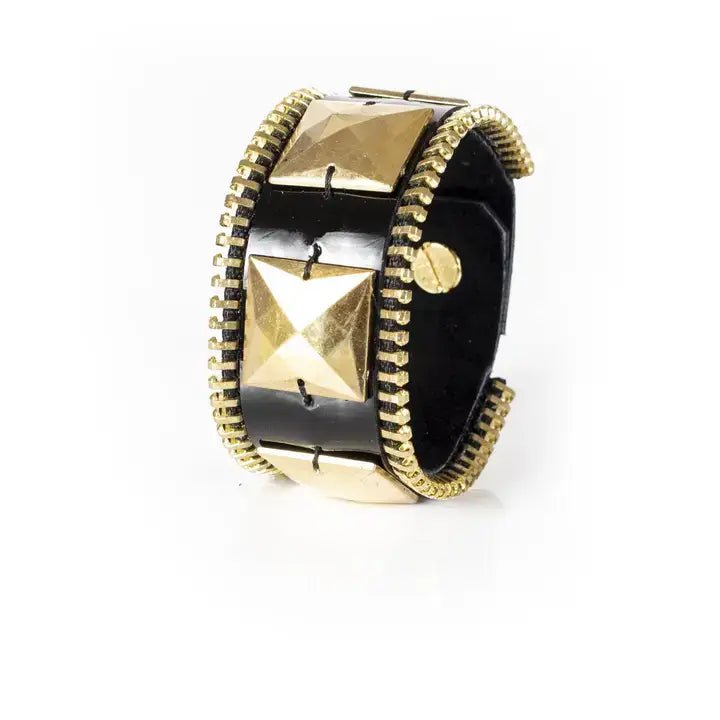 Black Leather Cuff Bracelet with Gold Pyramid Studs & Zipper - Box Turtle