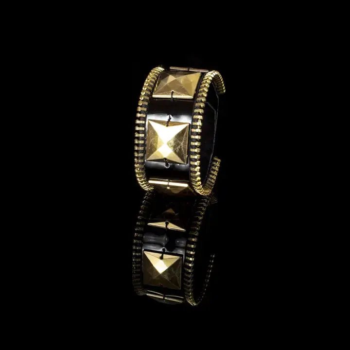 Black Leather Cuff Bracelet with Gold Pyramid Studs & Zipper - Box Turtle