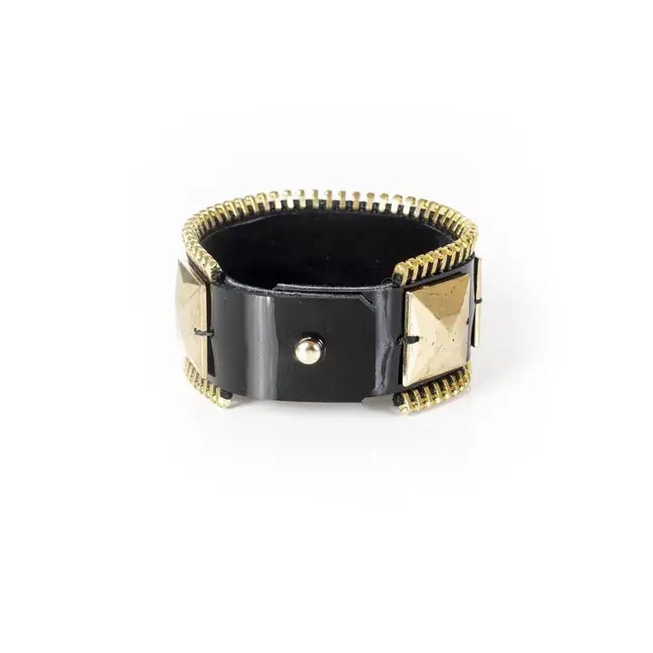 Black Leather Cuff Bracelet with Gold Pyramid Studs & Zipper - Box Turtle