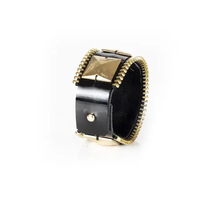Black Leather Cuff Bracelet with Gold Pyramid Studs & Zipper - Box Turtle
