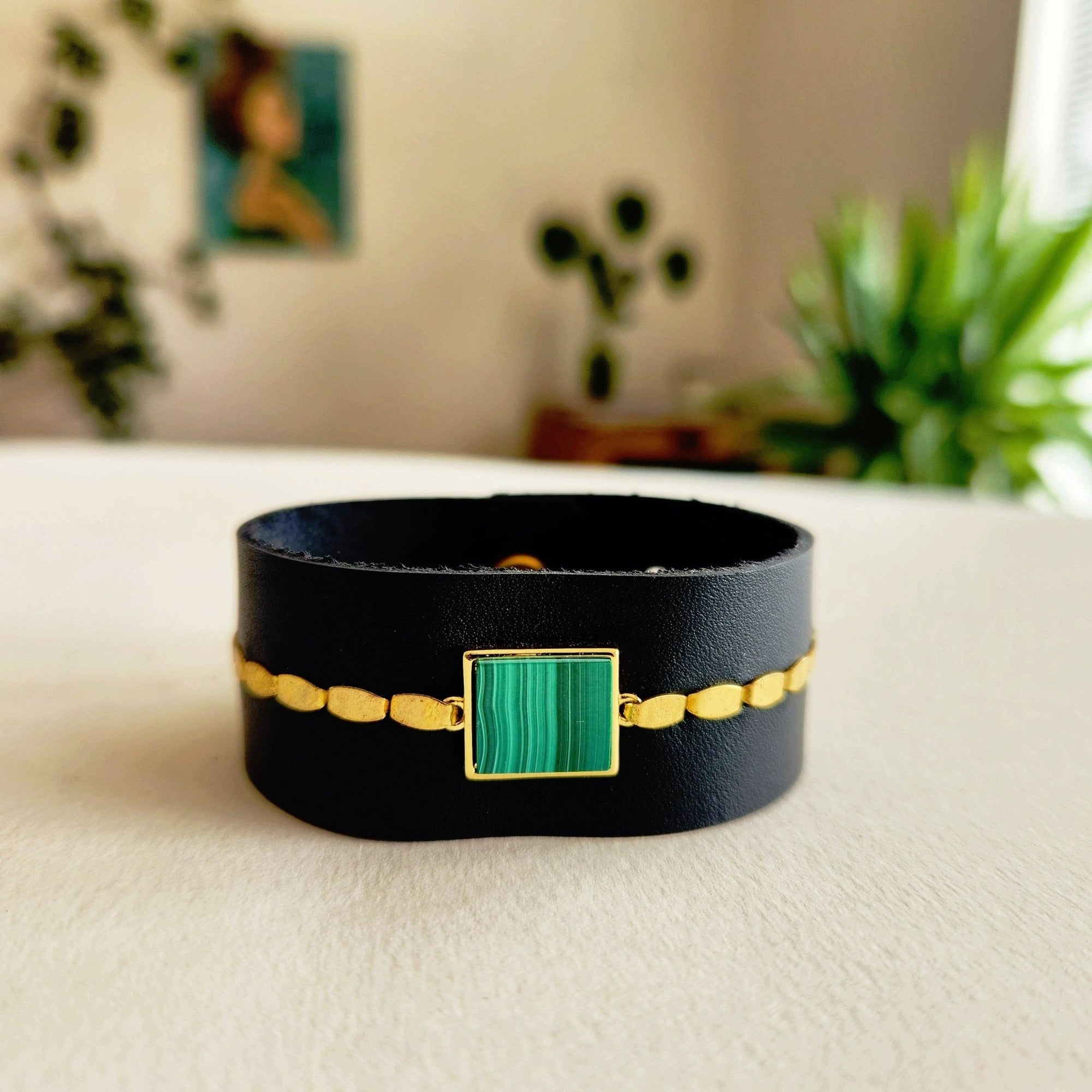 Black Malachite Leather Cuff Bracelet - Box Turtle