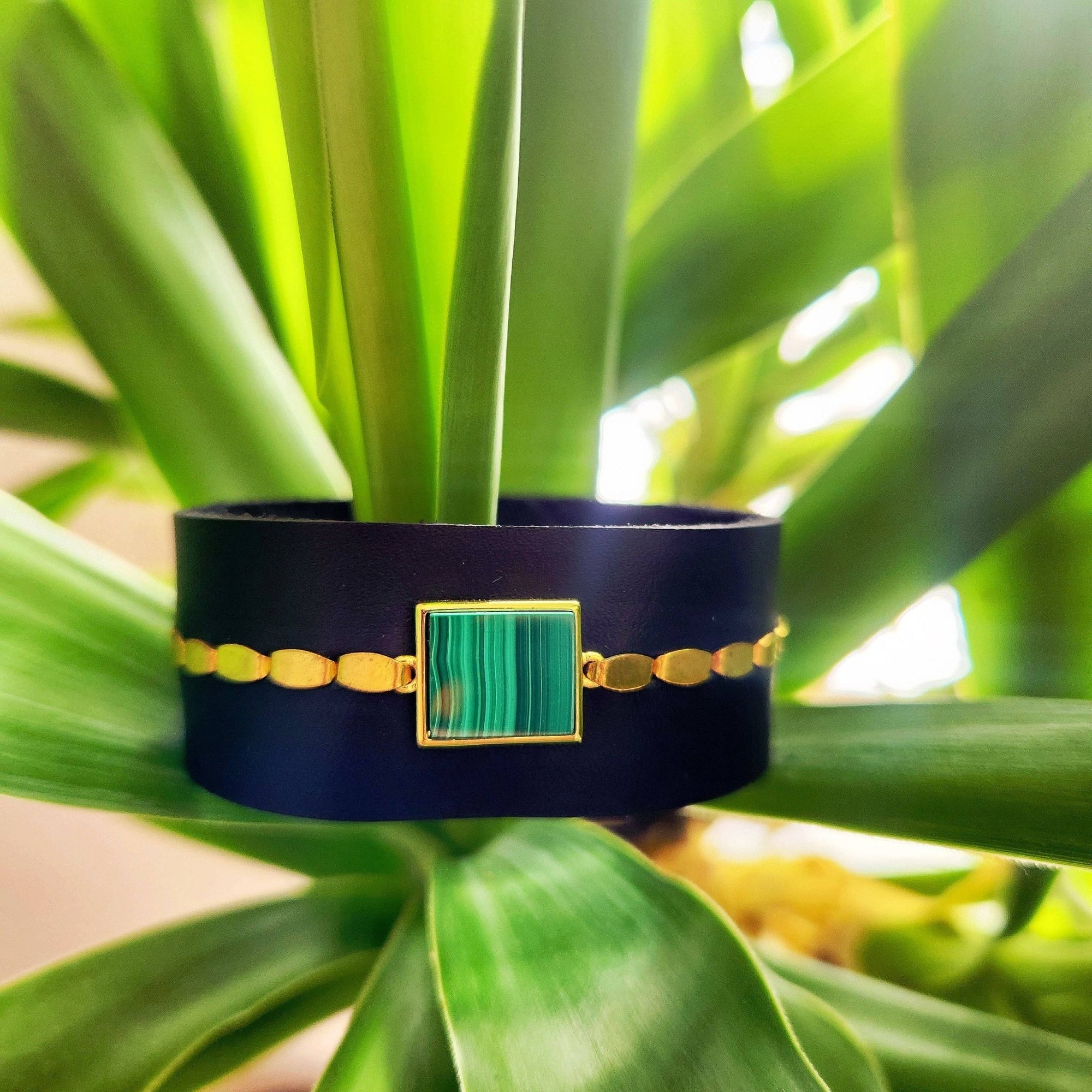 Black Malachite Leather Cuff Bracelet - Box Turtle