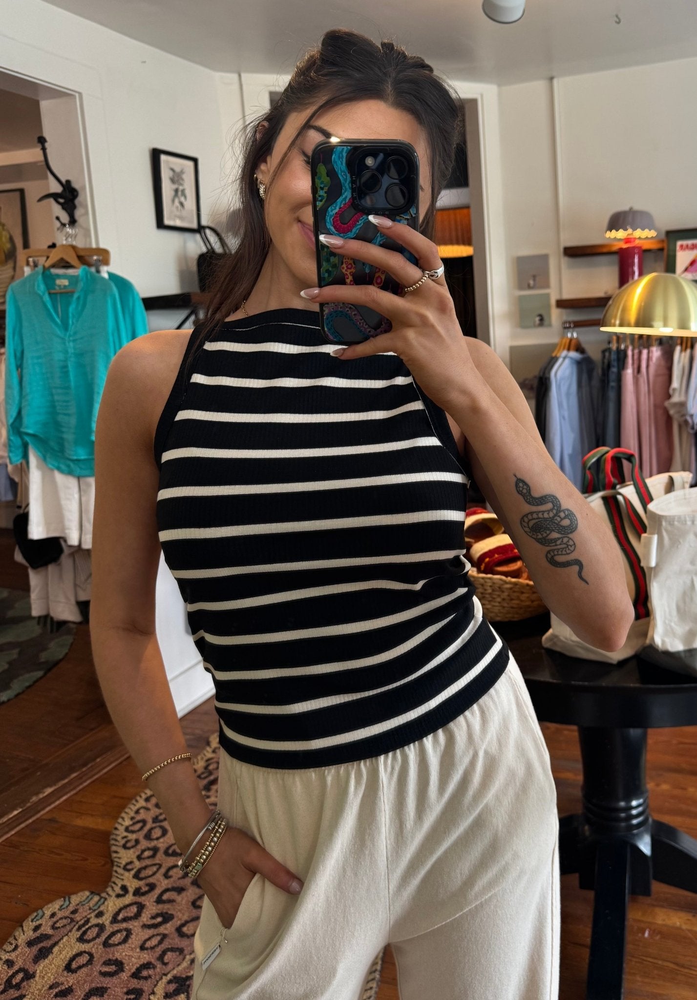 Black with Cream Stripes Moira Tank - Box Turtle