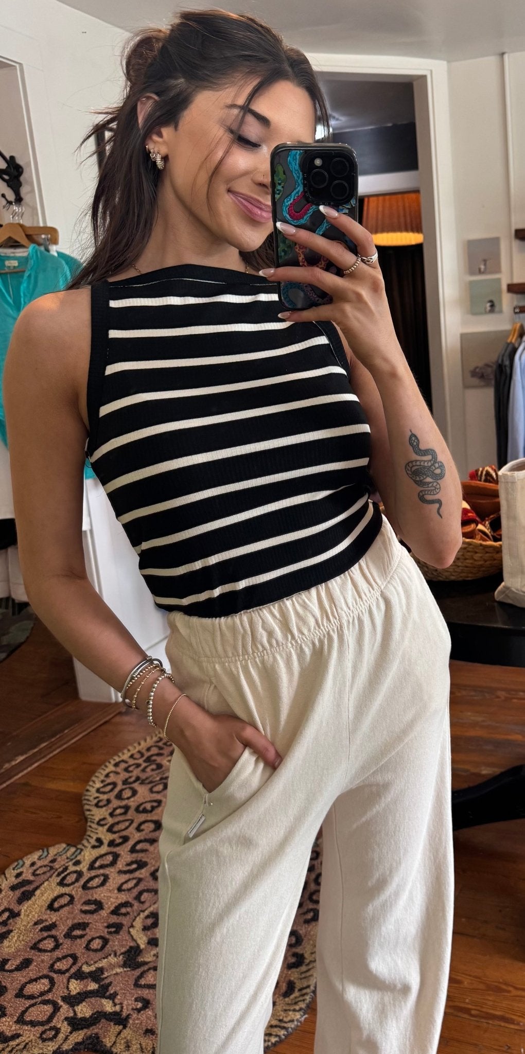 Black with Cream Stripes Moira Tank - Box Turtle