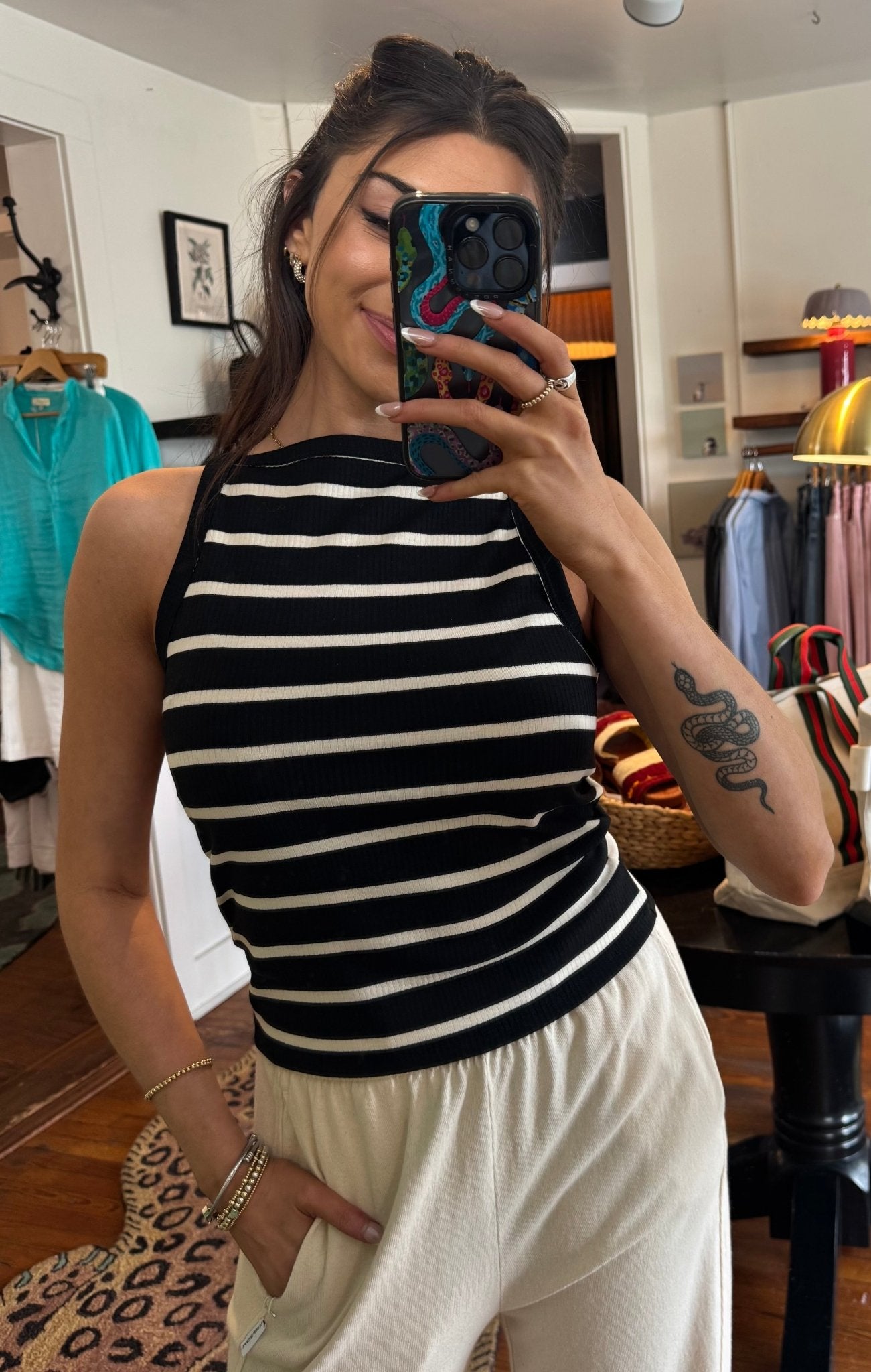 Black with Cream Stripes Moira Tank - Box Turtle