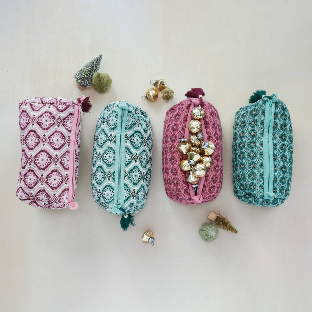 Block Printed Zip Pouch with Tassel - Box Turtle