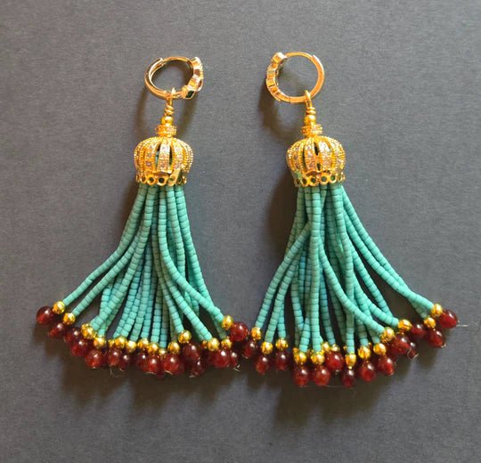 Blue Afghan Beaded Tassel Earrings - Box Turtle